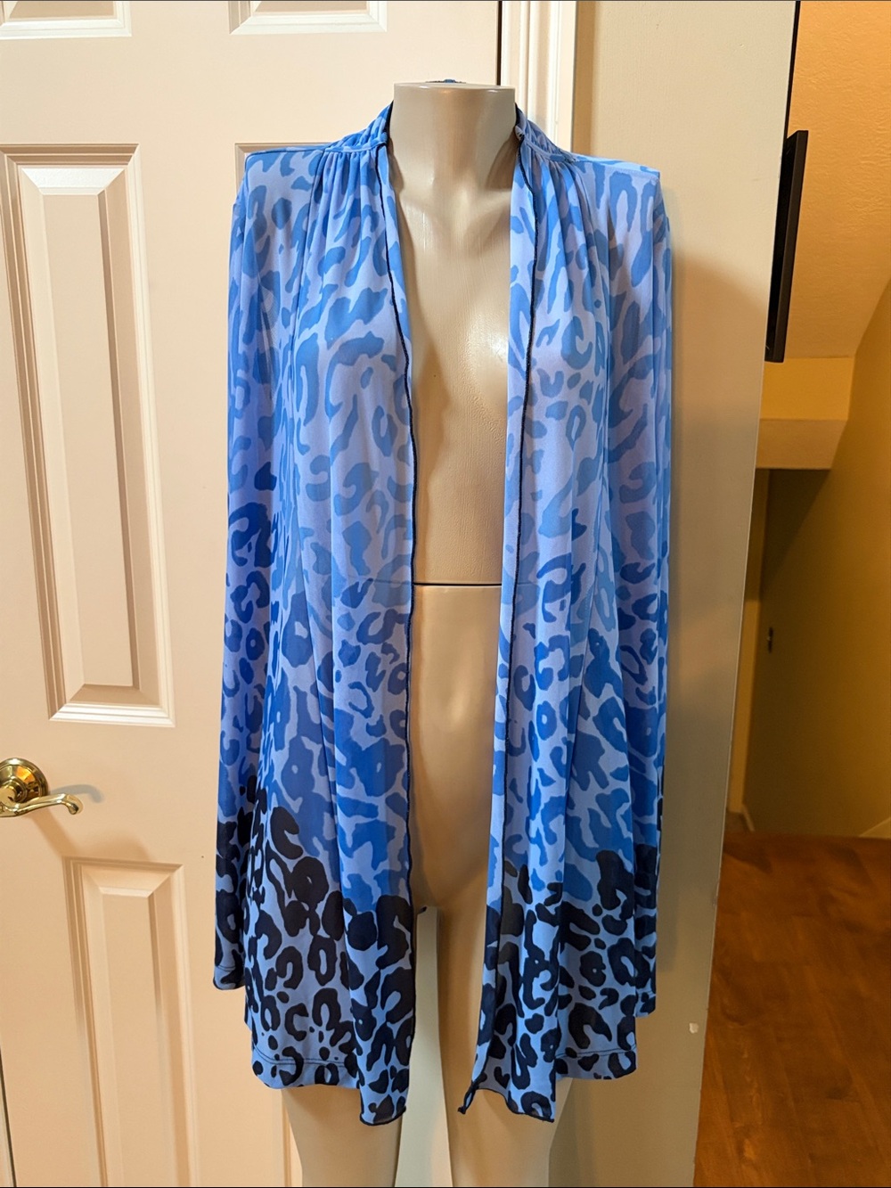 Susan Graver Blue Ombre Leopard Sheer Open-Front cardigan topper, XL